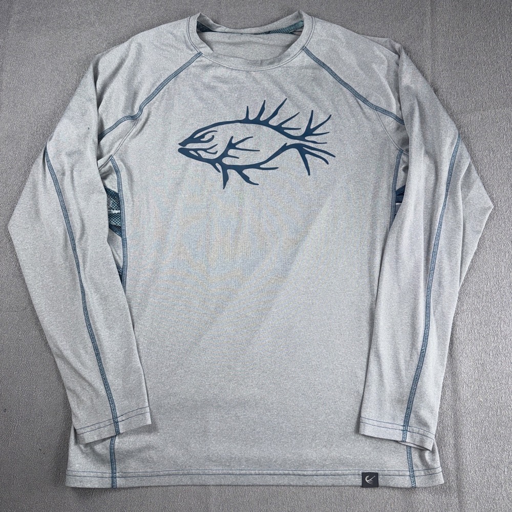 Huk Shirt Mens Medium Gray Performance Fishing Shark Print Long Sleeve